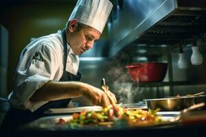 une proche - en haut coup de une chef dans une professionnel cuisine, habilement en train de préparer une plat. génératif ai photo