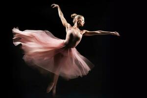 une proche - en haut coup de une Danseur dans milieu - air, congelé dans une gracieux pose. génératif ai photo