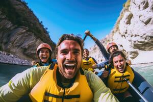 une proche - en haut coup de une groupe de copains engagé dans kayak ou rafting sur une vite - écoulement rivière avec rocheux falaises dans le Contexte. génératif ai photo