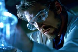 une proche - en haut coup de une scientifique dans une laboratoire, portant protecteur des lunettes de protection et examiner une tester tube. génératif ai photo