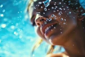 une proche - en haut coup de une femme dans une bikini, profiter une rafraîchissant tremper dans le clair, turquoise des eaux de le plage. génératif ai photo