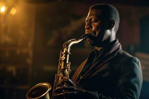 une proche - en haut coup de une Jeune homme passionnément en jouant une saxophone, dans une vaguement allumé le jazz club. génératif ai photo