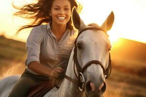 une proche - en haut coup de une Jeune femme cheval équitation dans le enchanteur d'or heure de le coucher du soleil. génératif ai photo