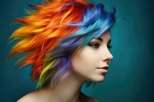 une proche - en haut coup de une Jeune femme avec une vibrant et coloré coiffure, mettant en valeur individualité et la créativité. génératif ai photo