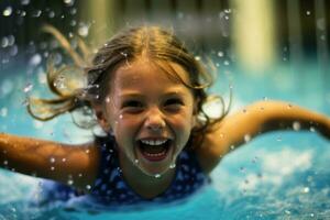 Jeune enfant les filles comme elles ou ils participer dans une nager leçon à une bassin. génératif ai photo