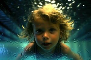 le innocence et curiosité de une Jeune garçon comme il explore le sous-marin monde de une nager bassin. génératif ai photo