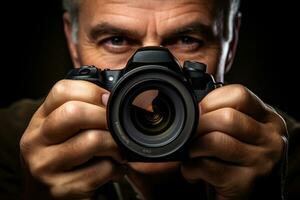 le concentrer et précision de une professionnel photographe dans une proche - en haut tir. génératif ai photo