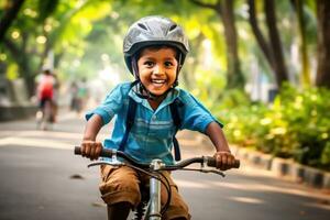 une enfant garçon équitation une vélo pour le premier temps. génératif ai photo