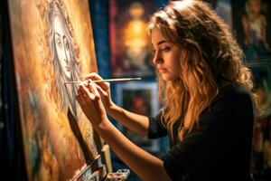 une Jeune femme artiste passionnément La peinture sur une toile. génératif ai photo