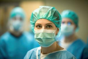 masqué visages reflétant le compétence de une femelle médecin et sa équipe après une épuisant chirurgie. génératif ai photo