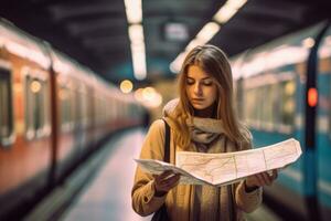 une proche - en haut coup de une femme en portant une métro carte dans sa mains, en train d'étudier le itinéraires et Planification sa voyage. génératif ai photo