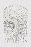 une dessiné à la main esquisser de une champignon contour illustration sur blanc texture Contexte photo