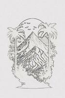 dessiné à la main contour esquisser de coucher de soleil, montagne, et paume arbre illustration pour T-shirt conception photo