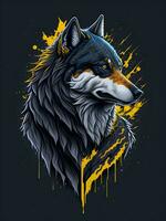 Loup avec Montagne et coloré neige illustration sur noir Contexte pour T-shirt conception photo