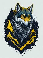 Loup avec Montagne et coloré neige illustration sur noir Contexte pour T-shirt conception photo