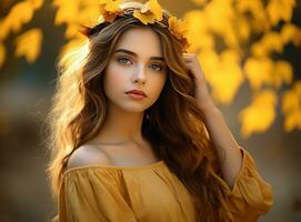 magnifique fille avec l'automne feuilles photo