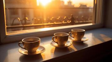 café tasse sur en bois table dans café magasin avec flou arrière-plan, ai génératif photo