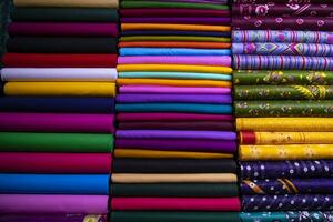 Variété artistique couleurs tons ombre tissus textiles empilés sur l'étagère du magasin de détail à vendre photo