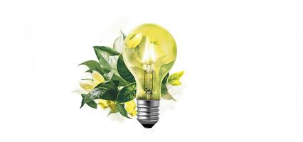 vert énergie concept avec lumière ampoule et vert feuilles. 3d le rendu, vert éco énergie concept avec lumière ampoule et plante ai génératif photo