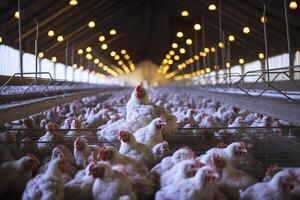 poulet ferme pour croissance gril poulets à le âge de un et une moitié mois, ai génératif photo