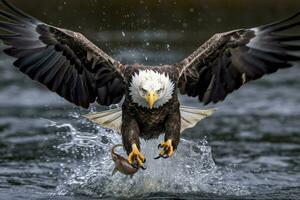 pêche chauve aigle, une chauve Aigle orienté vers caméra captures une poisson en dehors de le eau, dans le style de nationale géographique concours gagnant, super téléobjectif proche en haut. ai génératif photo