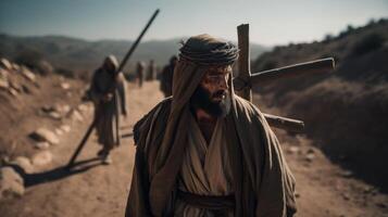 Jésus Christ dans le désert avec une couronne de les épines. ai généré photo