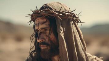 Jésus Christ dans le désert avec une couronne de les épines. ai généré photo