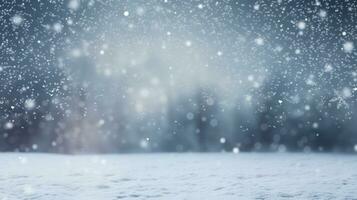 couvert de neige Noël arbre dans une forêt paramètre, avec une flou Contexte et chute neige, hiver paysage scène. ai généré photo