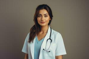 portrait de Jeune médecin ou infirmière femelle avec uniforme sur studio Contexte. médical femme concept. ai généré photo