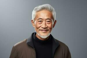 magnifique Sénior homme avec gris cheveux, content Masculin portrait dans studio Contexte. ai généré photo