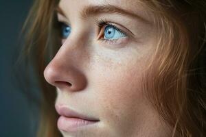 magnifique Humain bleu yeux proche en haut. macro concentrer globe oculaire. ai généré photo