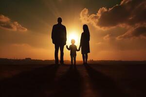 ombre de content famille ensemble, Parents avec leur peu bébé à le coucher du soleil. une silhouette de l'amour et unité. ai génératif photo