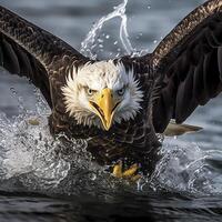 pêche chauve aigle, une chauve Aigle orienté vers caméra captures une poisson en dehors de le eau, dans le style de nationale géographique concours gagnant, super téléobjectif proche en haut. ai génératif photo