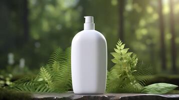 Naturel cosmétique produit présentation coulisses. en plein air forêt placement. blanc Vide pot shampooing bouteille. 3d. ai génératif photo