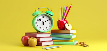 pop art illustration de école accessoires avec pommes, livres, et un alarme l'horloge sur le école Contexte. retour à école concept. 3d le rendu, ai génératif photo