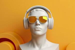 minimal scène de des lunettes de soleil et écouteurs sur Humain tête sculpture, la musique concept, 3d le rendu. ai génératif photo
