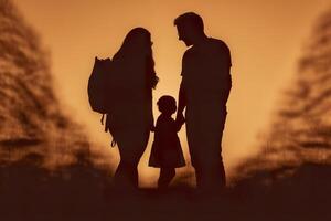 ombre de content famille ensemble, Parents avec leur peu bébé à le coucher du soleil. une silhouette de l'amour et unité. ai génératif photo