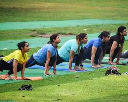 Nouveau Delhi, Inde, juin 20 2023 - groupe yoga exercice classe surya namaskar pour gens de différent âge dans lodhi jardin, international yoga jour, gros groupe de adultes assister une yoga classe dans parc photo