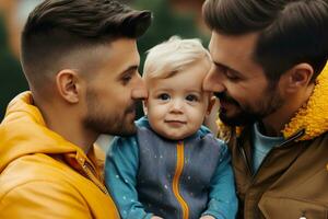 content gay couple avec bébé. lgbtq famille et relation. diversité, homosexualité. les partenaires avec non traditionnel sexuel orientation. sensuel moment. même sexe couple ayant enfant. génératif ai. photo