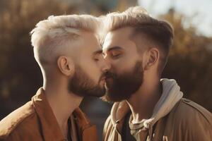 deux Jeune Hommes dépenses temps ensemble, embrasser. lgbt, gay couple, relation. diversité, homosexualité. les partenaires avec non traditionnel sexuel orientation. sensuel moment. génératif ai. photo