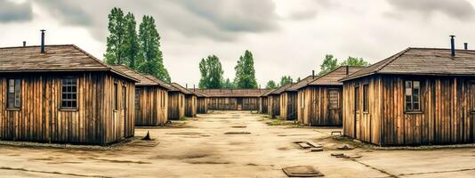 été camp, en bois Maisons dans le forêt, bannière fabriqué avec génératif ai photo