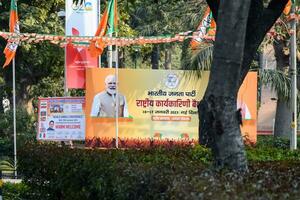 Nouveau Delhi, Inde - juillet 16 2023 - milliers de gens collecté pendant premier ministre narendra modi bjp route montrer, gens pendant pm modi gros élection se rallier dans le Capitale photo