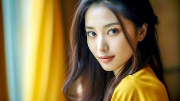 mode portrait de magnifique asiatique Jeune femme, copie espace fabriqué avec génératif ai photo
