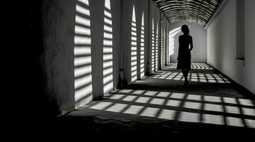 silhouette de une femme dans le couloir, lumière et ombre et sur le mur et sol, noir et blanc, fabriqué avec génératif ai photo