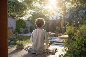 femme séance dans le Cour et méditer dans le Matin. Matin yoga entraine toi. ai génératif photo