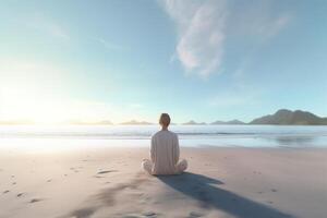 femme dans blanc vêtements séance près le mer. yoga et relaxant avec vue sur la mer. ai génératif photo