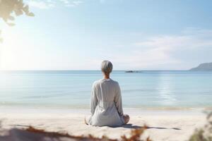 personnes âgées femme dans blanc vêtements séance près le mer. pratiquant yoga avec vue sur la mer. ai génératif photo