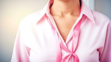 Sein cancer conscience mois, Jeune femme dans une rose chemise avec une ruban sur sa poitrine, fabriqué avec génératif ai photo