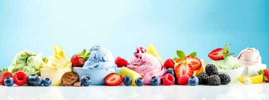 fraîcheur coloré fruit la glace crème de différent les saveurs avec Frais fruit, bannière avec copie espace fabriqué avec génératif ai photo