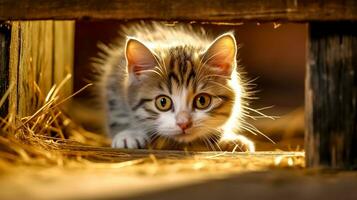 jolie petit chat attendre dans cache pour proie, chasse bête, fabriqué avec génératif ai photo